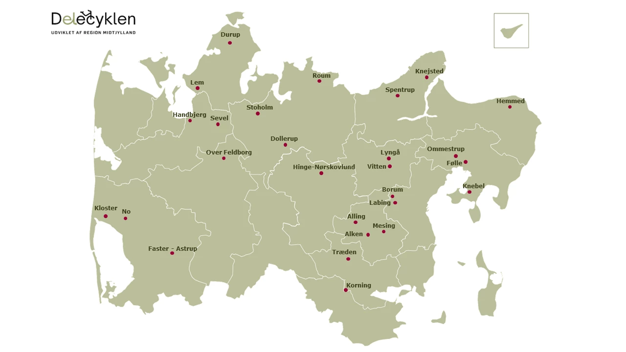 Grafik med kort over Region Midtjylland som viser de 27 landsbyers placering på kortet.